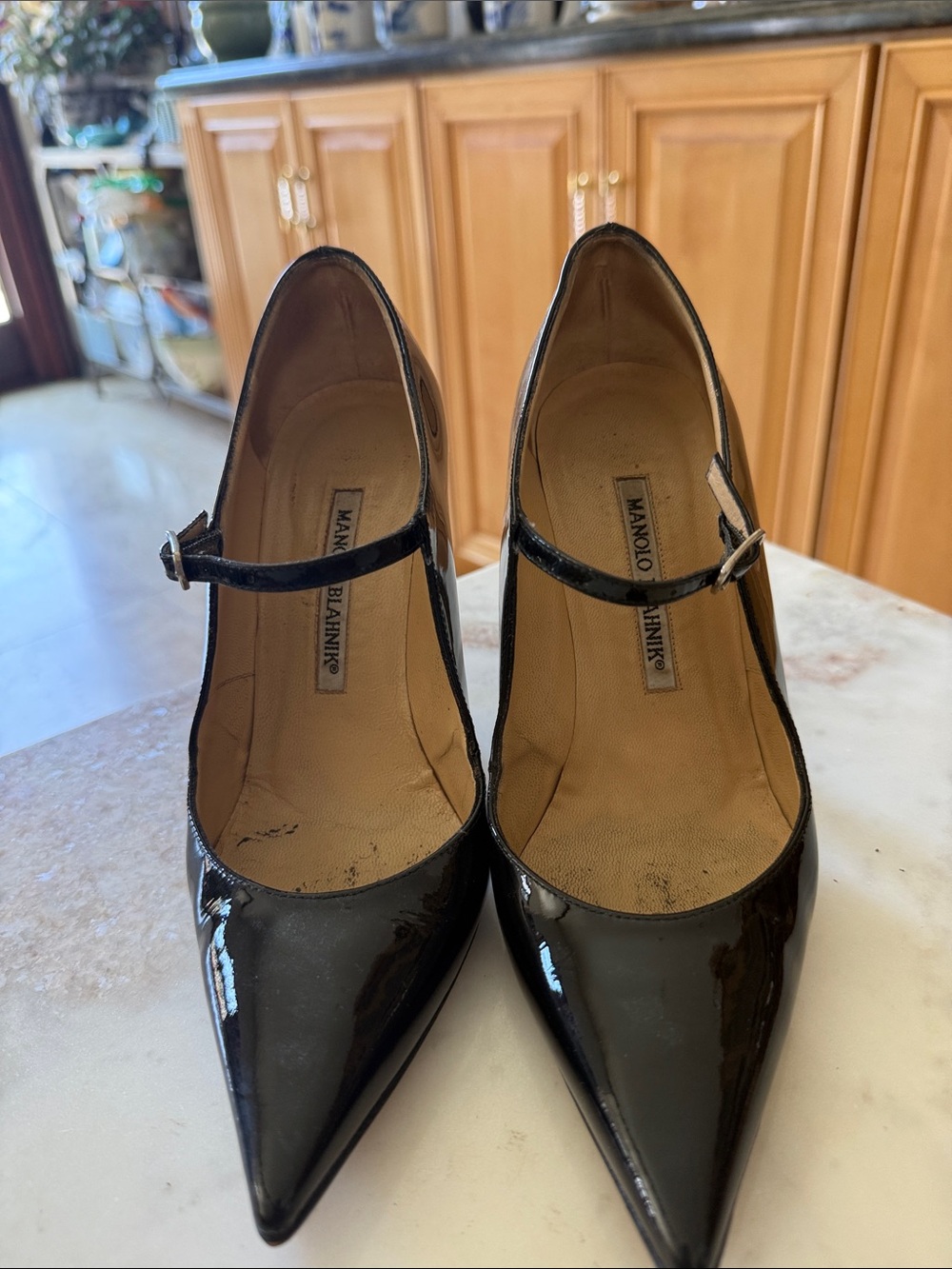 Manolo Blahnik Black Patent Mary Jane Pointed Pumps